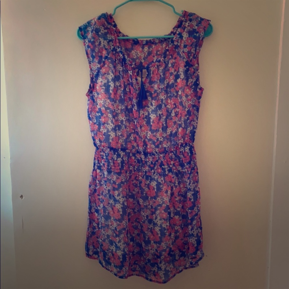 Hollister Women Floral Ruffle Pink and Blue Dress